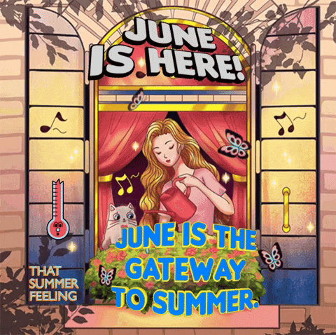 a poster that says june is here with a woman watering flowers