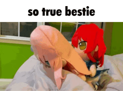 a picture of two stuffed dolls with the words so true bestie below them