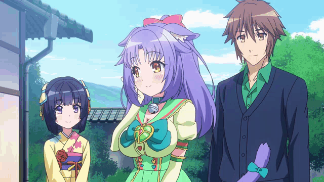 a girl with purple hair is standing next to a boy and a girl