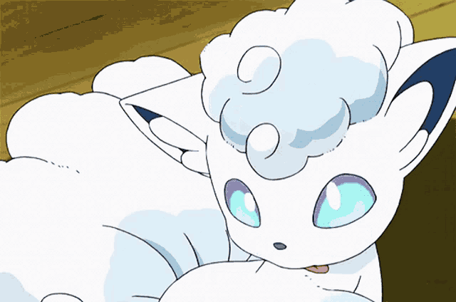a cartoon drawing of a white cat with blue eyes and a red tongue