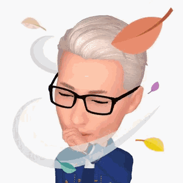 a cartoon of a man wearing glasses and a blue shirt with leaves coming out of his head .