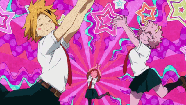 a group of anime characters are jumping in the air on a pink background