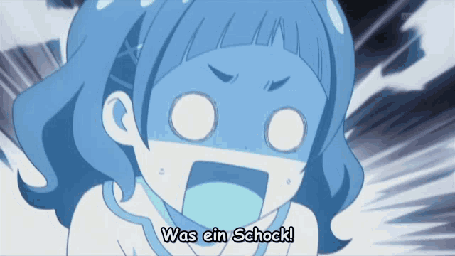 a girl with a surprised look on her face and the words was ein schock below her