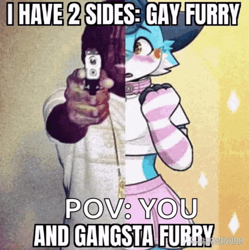 a cartoon of a man and a furry with the caption i have 2 sides gay furry