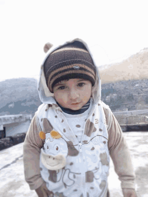 a baby wearing a brown and white sweater and a brown and white hat looks at the camera
