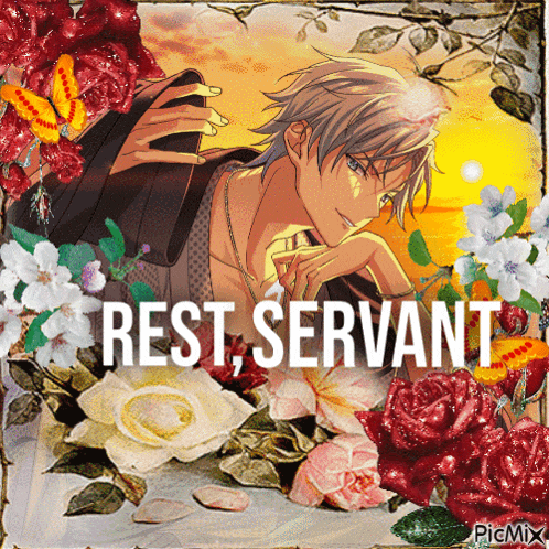 a picture of a man surrounded by flowers with the words rest servant