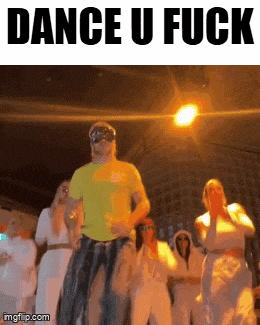 a group of people are dancing with the words dance u fuck above