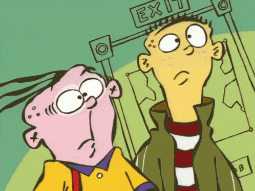 two cartoon characters looking up at an exit sign