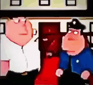 a couple of cartoon characters are standing next to each other in a room .