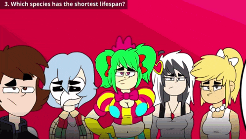 a group of cartoon characters standing next to each other with the question " which species has the shortest lifespan " at the top
