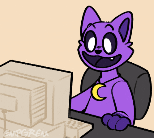 a purple cat with a crescent moon necklace is sitting at a desk in front of a computer