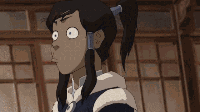 a cartoon character with a ponytail looks surprised
