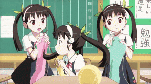 three anime girls are sitting at a table in front of a blackboard with chinese writing