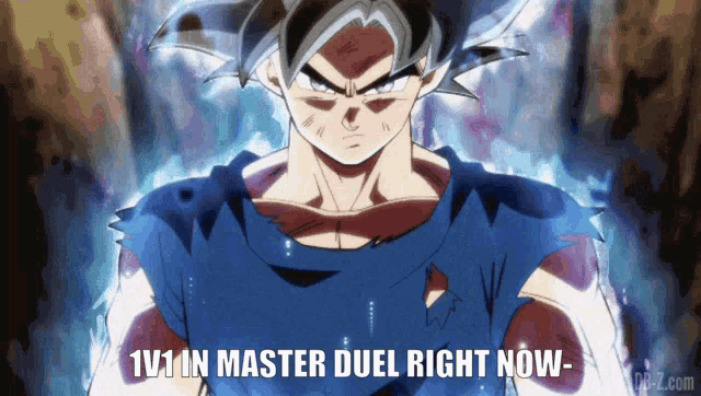 a cartoon of a man with the words 1v1 in master duel right now