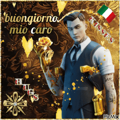 a man in a suit and tie is holding a gold rose with the words buongiorno mio caro above him