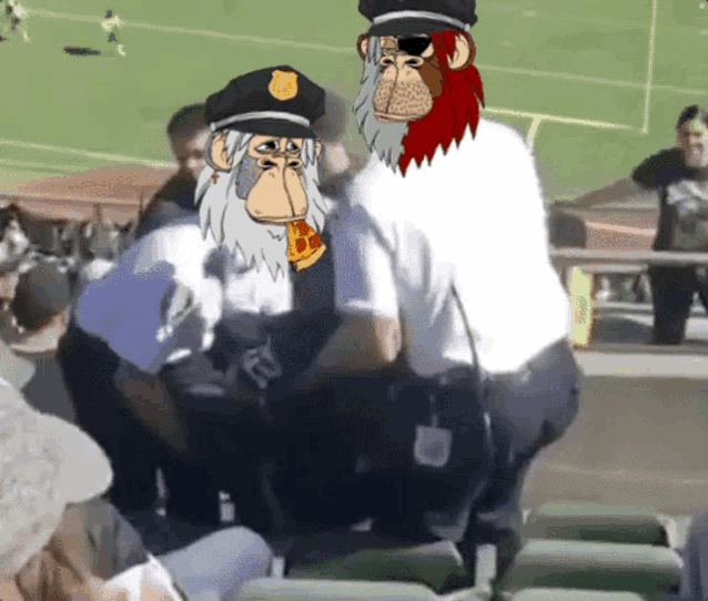 a cartoon of a police officer and a monkey with a pizza on their head