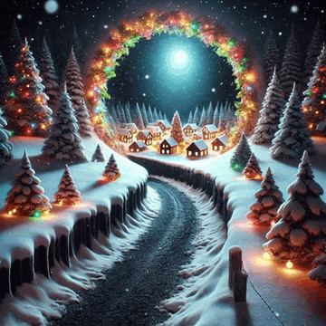a christmas scene with a wreath of lights surrounding a village