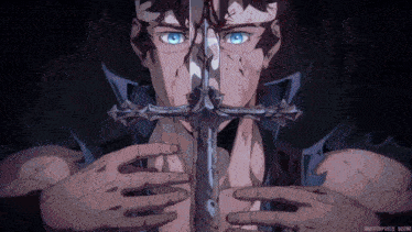 a drawing of a man holding a sword with the words masterpiece scene below him
