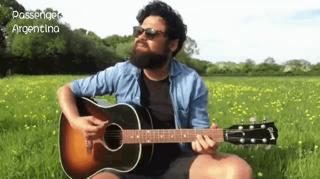 a man with a beard is playing a guitar in a field with the words " passenger argentina " behind him