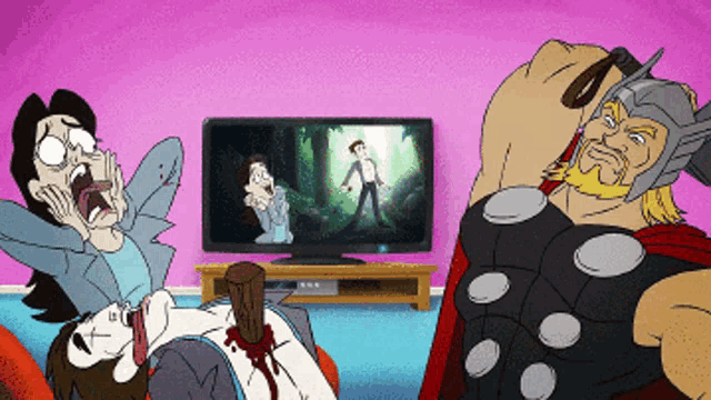 a cartoon of thor holding a hammer and a man laying on the ground