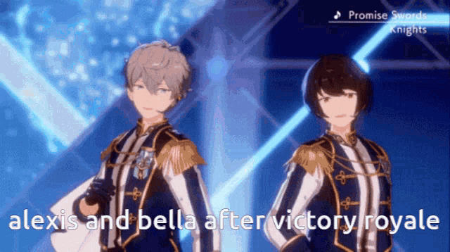 two anime characters standing next to each other with alexis and bella after victory royale