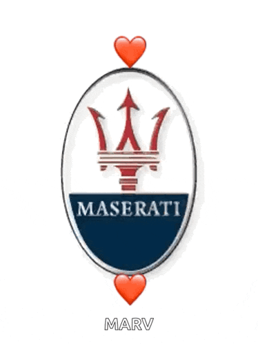 a blue and white maserati logo with two red hearts surrounding it