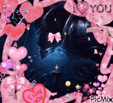 a picture that says i love you is surrounded by pink hearts