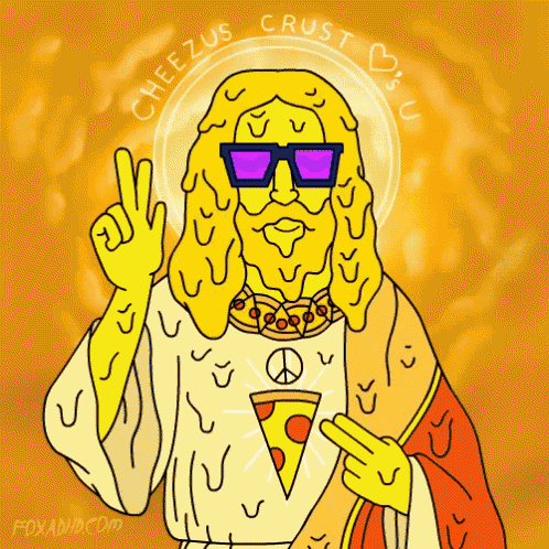a cartoon of jesus holding a slice of pizza with the words cheezus crust written around him