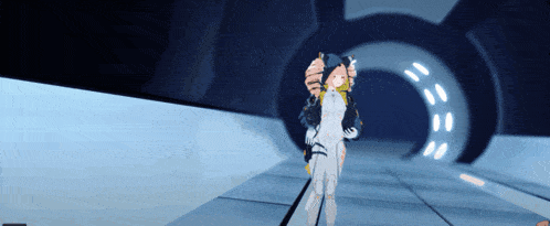 a woman in a white suit is standing in a dark room