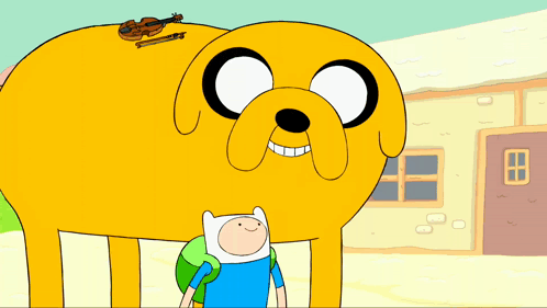 a cartoon character is standing next to a large yellow dog
