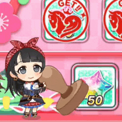 a girl in a bandana is holding a stamp that says get