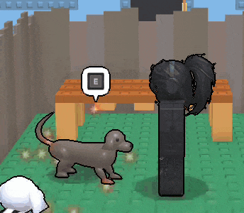 a pixel art of a dog standing next to a wooden table
