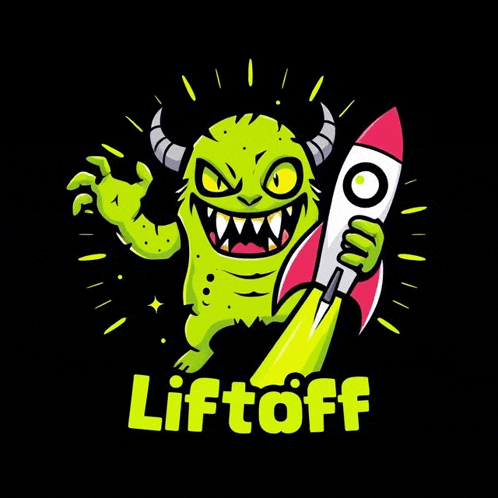 a green monster with horns is holding a rocket with the word liftoff underneath it