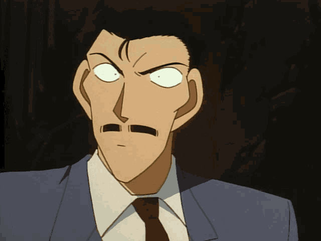 a man in a suit and tie has glowing eyes and a mustache