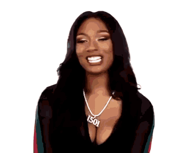 a woman wearing a necklace with the number 1501 on it is laughing