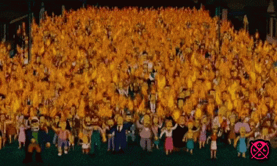 a crowd of cartoon characters are standing in front of a wall of flames