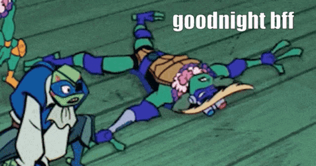 two teenage mutant ninja turtles are laying on a wooden floor with the words goodnight bff written above them