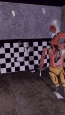 a cartoon character is standing in a room with a checkered wall