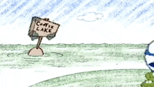 a cartoon character is standing in front of a sign which says center lake