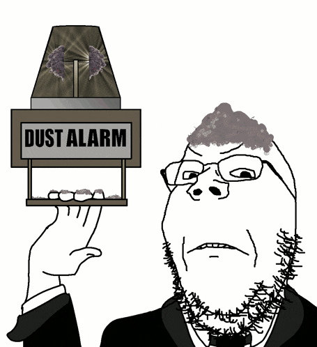 a man with a beard is holding a dust alarm