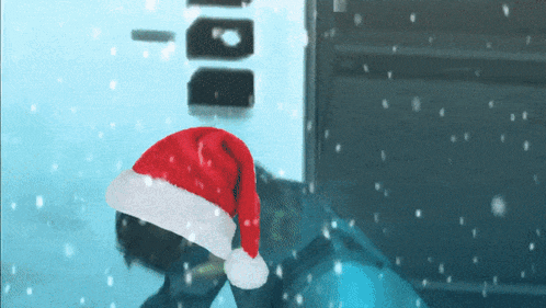 a person wearing a santa hat in front of a sign that says -10