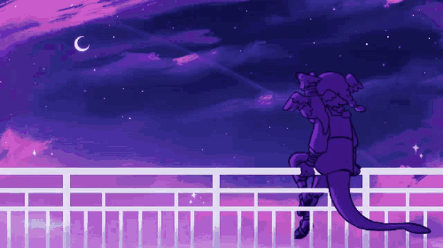 a drawing of a person standing on a railing with a purple sky and a crescent moon in the background
