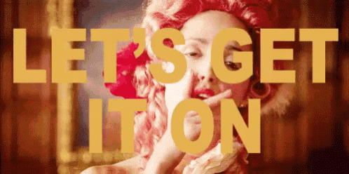 a woman in a pink wig is making a funny face in front of the words let 's get it on .