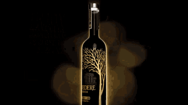 a bottle of belvedere vodka next to a glass with ice