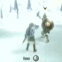 a blurred image of a person wearing a hat and holding a sword in a video game .