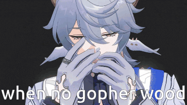 a cartoon character with horns covering his mouth with his hands and the words when no gopher wood