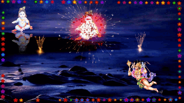 a painting of a baby krishna surrounded by fireworks and stars