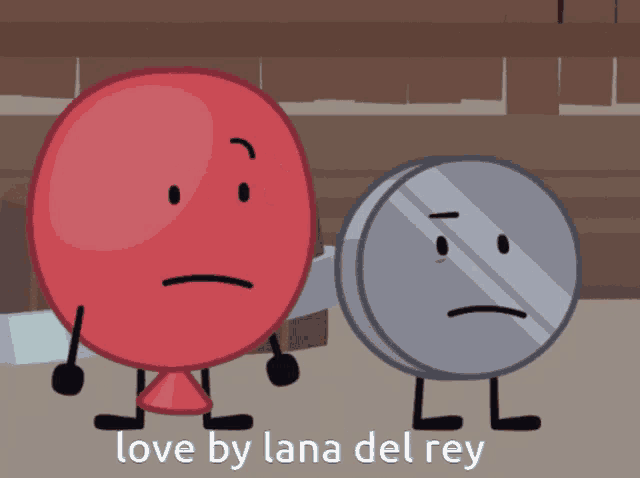 a cartoon of a red balloon and a silver coin with the words love by lana del rey below them