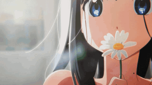 a girl with long black hair is holding a flower in her mouth