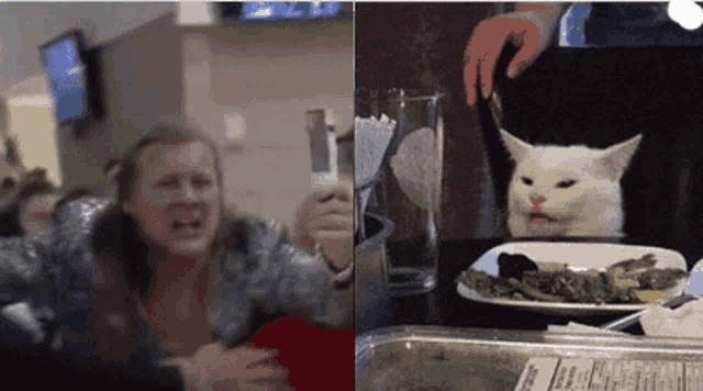 a woman is crying and a cat is sitting at a table with food